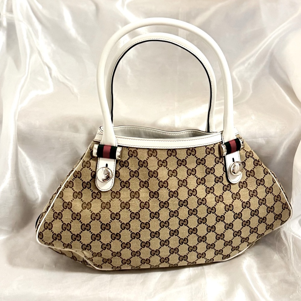 Gucci GG Canvas White Beige Match Ball Tote Bag